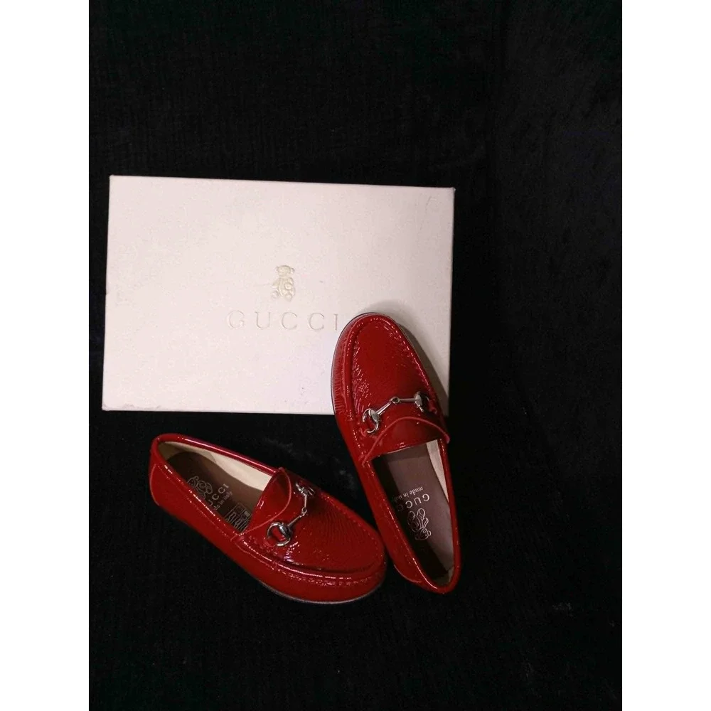 Gucci Kids Red Patent Leather Horsebit Loafers Shoes EU 28 338745